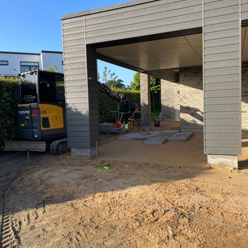 Overdækket terrasseområde med sand og klargøring til belægning ved moderne bolig.