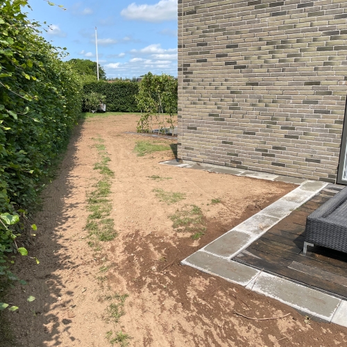 Smal sti med afrettet jord og belægning langs hus og tæt hæk.